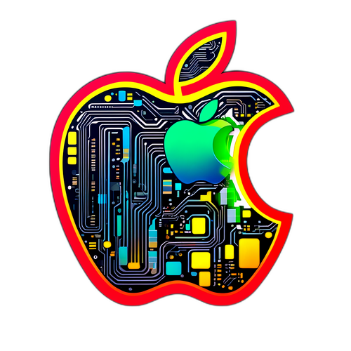 Adesivo ispirato alla tecnologia con logo Apple e circuiti digitali