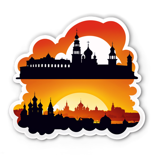 Силуэт Нижнего Новгорода на закате, теплые тона