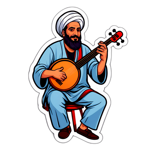 Σκίτσο του Μουζουράκη με μουσικό όργανο σε μια φανταστική σκηνική παράσταση