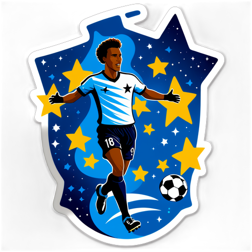 Sticker van Telstar met silhouet van een speler die een doelpunt scoort, omringd door sterren