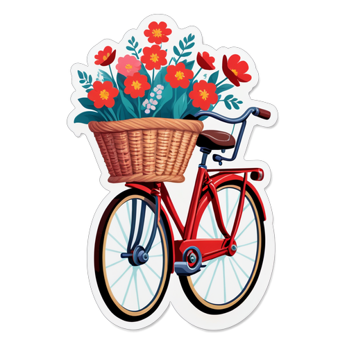 Vintage Red Bicycle Sticker with Flower Basket