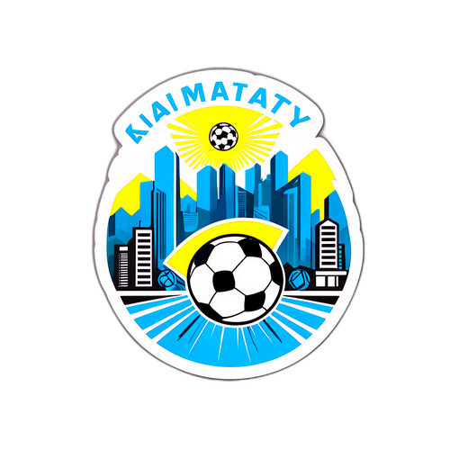 Een dynamisch ontwerp van het Kairat Almaty-logo met een vliegende voetbal en op de achtergrond de stad Almaty.