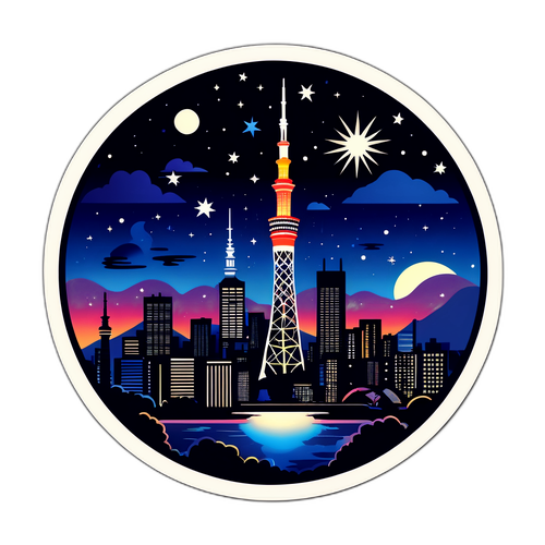 夜空に輝く東京スカイツリーの幻想的デザインステッカー