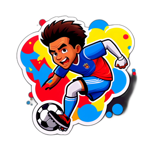 สติกเกอร์นักฟุตบอลการ์ตูนเตะบอลในฝูงคนเชียร์ที่มีชีวิตชีวา