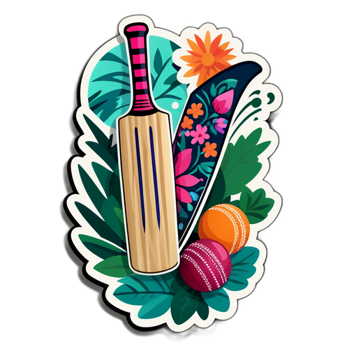 क्रिकेट बैट और बॉल का फूलों से सजा स्टिकर
