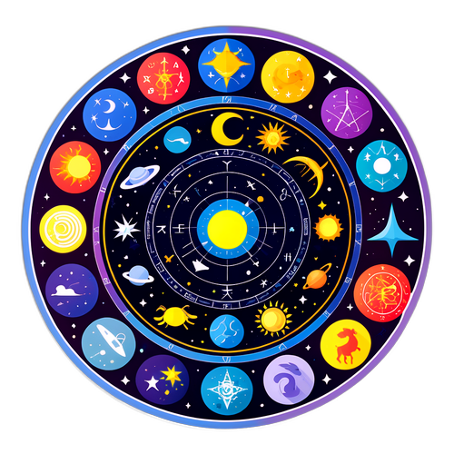 Многоцветные знаки зодиака, соединенные в круге с астрономическими элементами