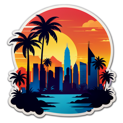 City Skyline Sunset with Palm Trees Sticker