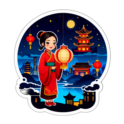 夜景のハルビンを背景にした伝統的な中国のランタンを持つキャラクター