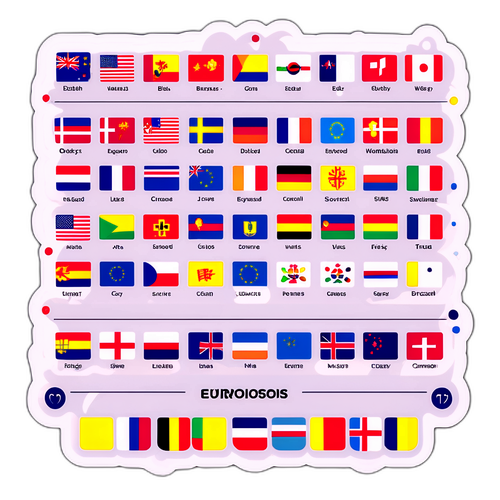 מדבקה המייצגת את הסיכויים של האירוויזיון באמצעות סמלים מוזיקליים ודגלים