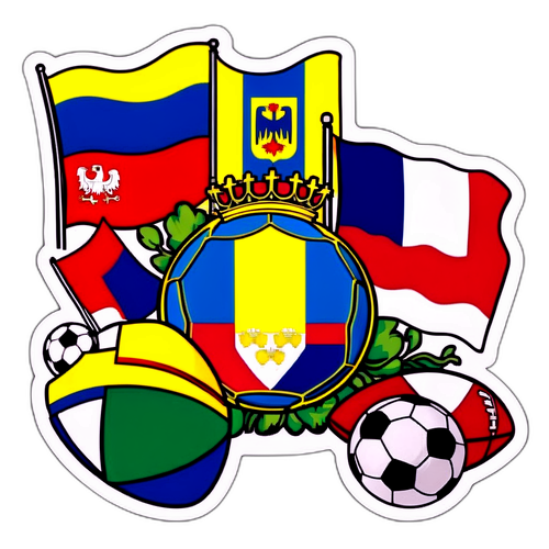 Sticker cu steagurile României și Austriei, înconjurat de elemente fotbalistice