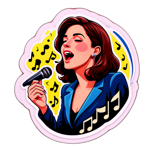Autocollant de Clara Luciani chantant avec des notes de musique flottantes
