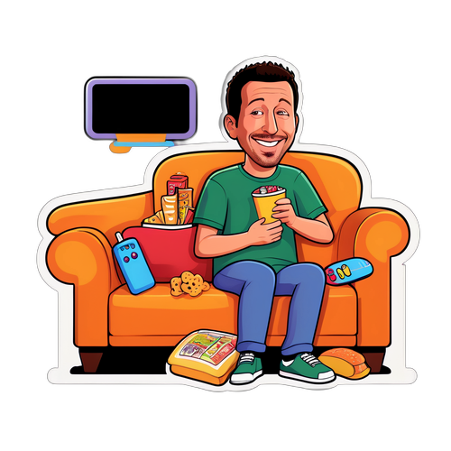 Komisk kattunge av Adam Sandler på sofa med snacks