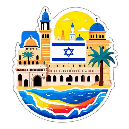 Illustrazione Colorata della Bandiera Israeliana con Monumenti Famosi