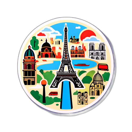 สติ๊กเกอร์ที่มีโมเดลสถานที่ท่องเที่ยวในปารีสจากมุมมองทางอากาศ