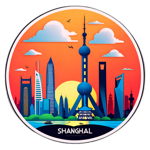 Shanghai Skyline med Solnedgang
