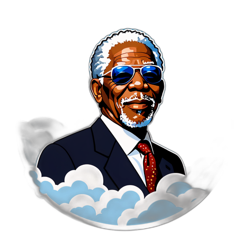 Une image frappante de Morgan Freeman avec des lunettes de soleil, entouré de nuages et de ciel bleu