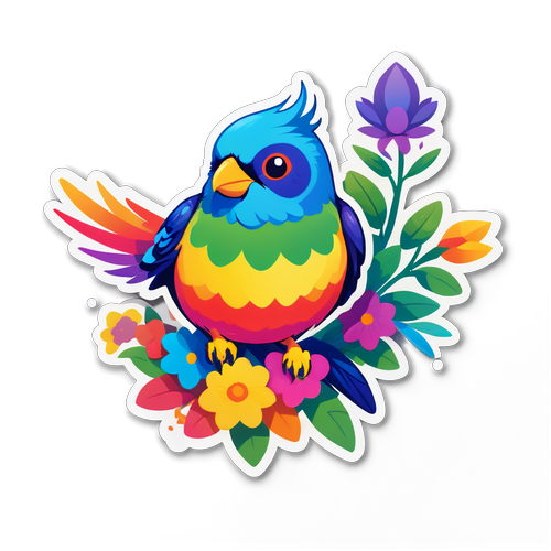 美麗的彩虹色鳥站在花朵上貼紙