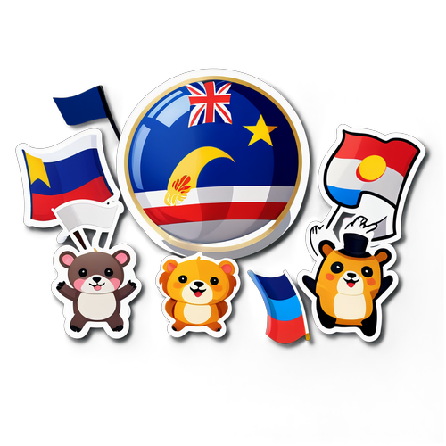 Hravá nálepka s karikaturními zvířaty slavícími Eurovision