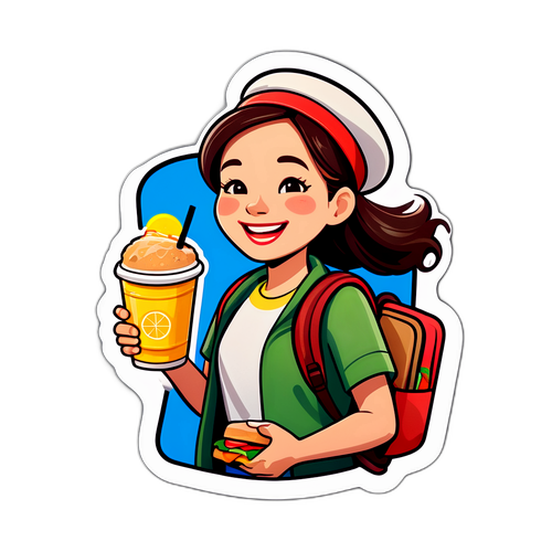 즐거운 여행자가 T'way의 샌드위치와 음료를 즐기는 스티커