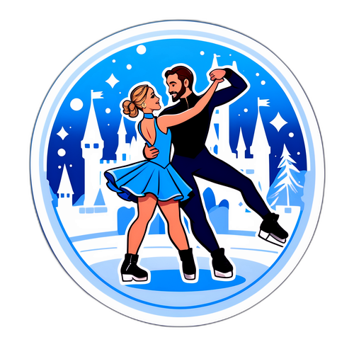 Tanssivat luistelijat jääpalatsin taustalla