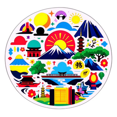 埼玉県のシンボルとランドマークのカラフルなコラージュステッカー