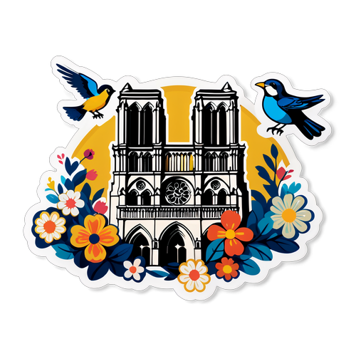 Autocollant inspirant de la cathédrale Notre-Dame avec fleurs et oiseaux