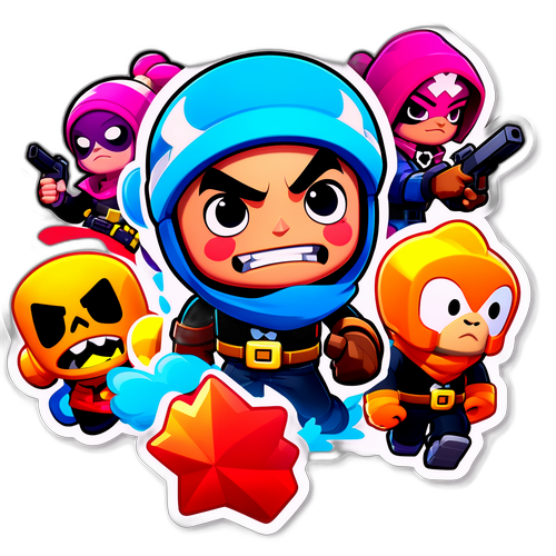 Динамичный дизайн наклейки с персонажами из игры Brawl Stars