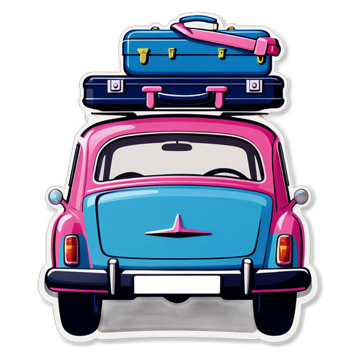 复古粉色汽车与大号蓝色行李箱贴纸