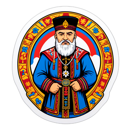 Un stiker cu Nicolae Poiana în ținută tradițională românească