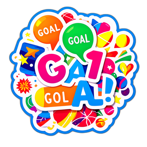 מדבקה צבעונית עם המילה 'גול!' בשפות שונות
