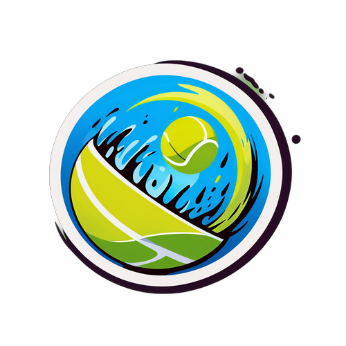 Humoristisk klistermärke av en tennisboll som bryter sig ut från en tennisbana