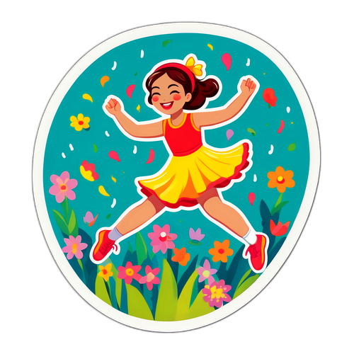 Sticker với hình ảnh cô bé nhảy múa vui vẻ trong lễ hội âm nhạc mùa xuân