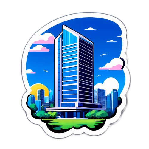 日本の成長戦略本部を表現した未来的ビルのステッカー