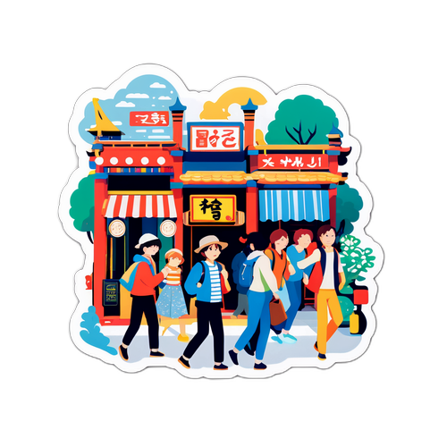 万代の繁華街の賑わいを楽しむ人々のデザイン