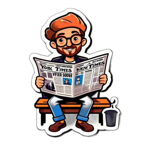एक मजेदार स्टीकर जिसमें न्यूयॉर्क टाइम्स अख़बार का किरदार एक कैफे में बैठा है