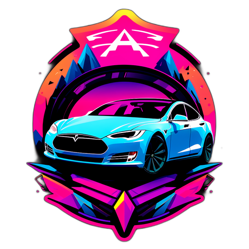 Ein Tesla-Auto umgeben von stilvollen Grafiken und einem futuristischen Hintergrund