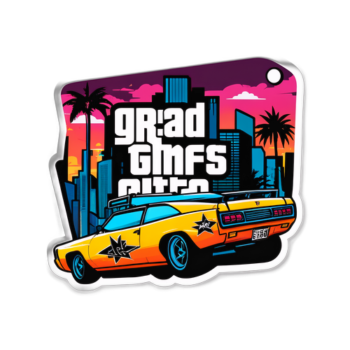 Атмосферная наклейка GTA 6 с логотипом Rockstar Games и городским сценарием в стиле граффити