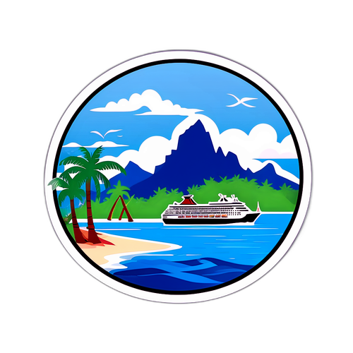Ein Aufkleber mit einem stilisierten Kreuzfahrtschiff vor der malerischen Kulisse von Bora Bora