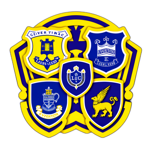 Everton ja Leeds - joukkueiden logot päällekkäin, retrotyylillä ja voimakkailla väreillä