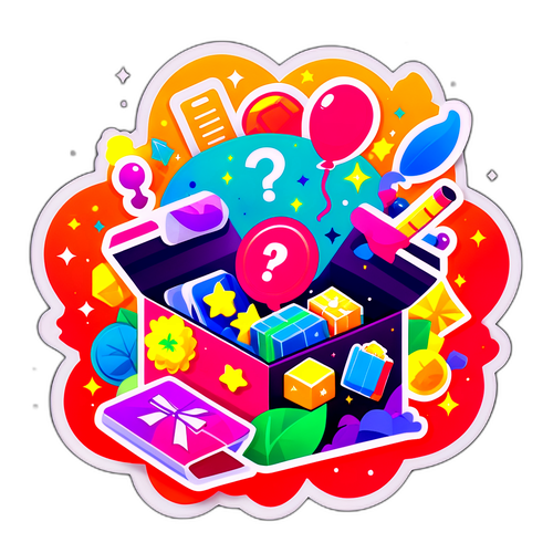 サプライズボックスの楽しさを表現したカラフルなステッカー