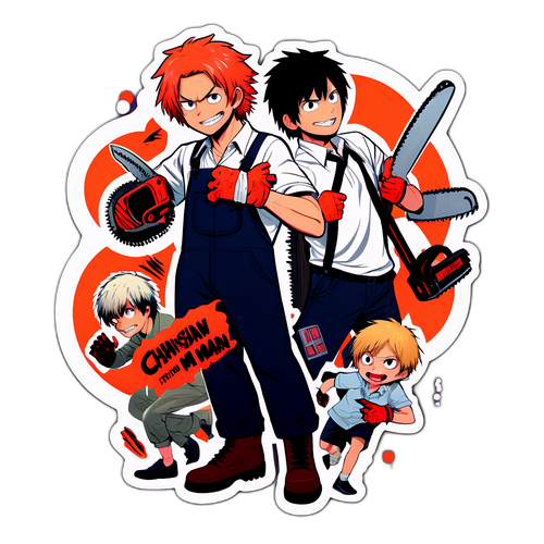 Наклейки з персонажами з фільму "Chainsaw Man" в вражаючих позах з гумористичними підписами