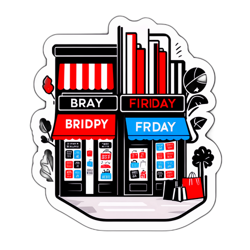 Svart och vit illustration av en shoppinggata med Black Friday-skyltar