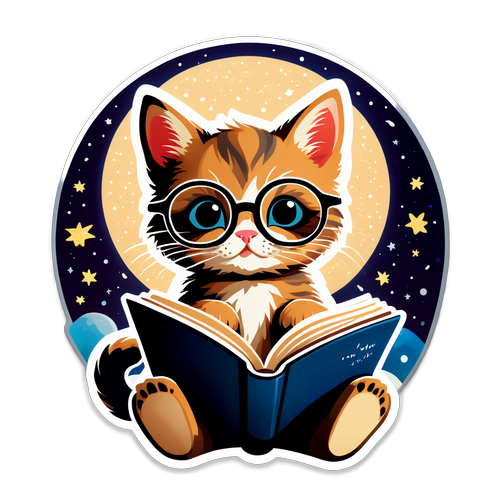 Kitten Reading Under Starry Sky Sticker