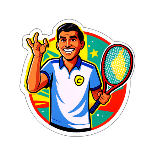 Retro-sticker av Alcaraz i feiring med vintage tennisracket