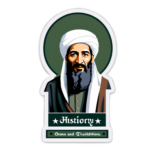 Osama bin Laden w symbolicznej postaci, z zamglonym tłem, z hasłem 'Historia i Tradycja'