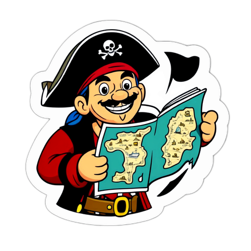Een sticker van een cartoonpiraat die de schatkaart leest