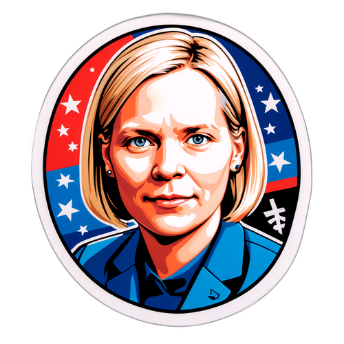 Klistermerke av Sylvi Listhaug med bestemt blikk