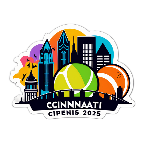Fargerik klistremerke av Cincinnati skyline med tennismotiver for Cincinnati Open 2025