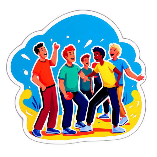 Desenho de um grupo de pessoas jogando 'Hit or Fall' em um ambiente animado.