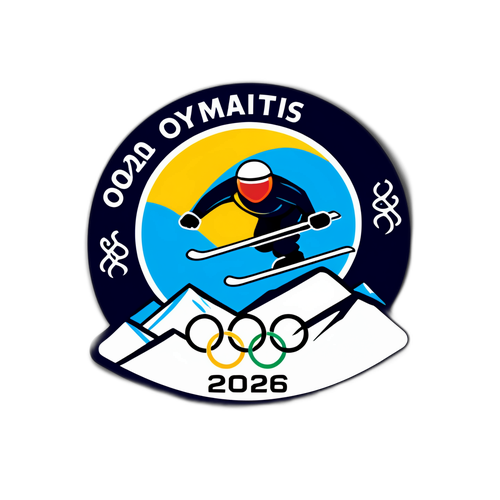Sticker met het logo van de Olympische Spelen 2026 en een gestileerde afbeelding van een skigebied